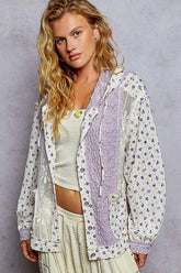 POL Floral Balloon Sleeve Hooded Lace Jacket with Stitch Detail Lavender OutfitFlow