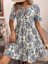 Printed Tie Neck Short Sleeve Mini Dress Navy Blue OutfitFlow