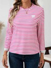 Heart Striped Round Neck Long Sleeve T-Shirt White OutfitFlow