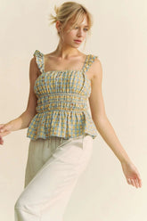 Davi & Dani Plaid Ruffled Strap Smocked Sleeveless Top BLUE MULTI OutfitFlow