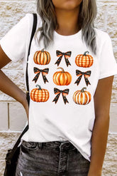 Pumpkin Round Neck Short Sleeve T-Shirt White OutfitFlow