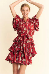Davi & Dani Ruffle Flutter Sleeve Tie Belt Tiered Mini Dress Orange Rust OutfitFlow