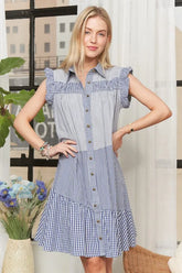 ADORA Button Down Textured Babydoll Dress BLUE OutfitFlow