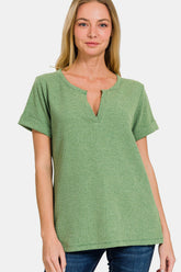 Zenana Waffle Notched Short Sleeve T-Shirt DK GREEN OutfitFlow