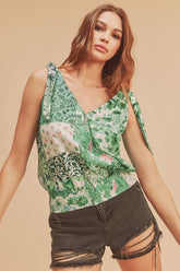 Aemi + Co Smocked Hem Printed Surplice Tank Green OutfitFlow