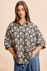 BiBi Floral Jacquard Short Dolman Sleeves Shirt BLACK LT GREY Trendsi