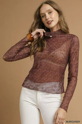 Umgee Nylon Lace Mesh Long Sleeve Top BURGUNDY OutfitFlow