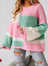 Color Block Round Neck Drop Shoulder Sweater Blush Pink OutfitFlow