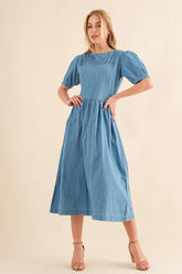 And The Why Full Size Washed Chambray Midi Dress Plus Size Denim Blue OutfitFlow