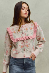 SO ME Flower With Ruffle Detailing Sweater Cardigan BEIGE PINK OutfitFlow