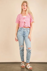 VERY J Front Tie Crochet Crop Top Pink OutfitFlow