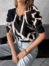 Abstract Print Puff Sleeve Notched Blouse Black OutfitFlow