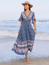 Ruched Printed Flounce Sleeve Midi Dress Light Blue OutfitFlow