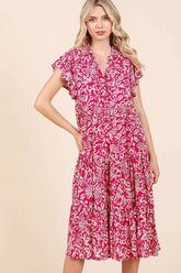 Mittoshop Abstract Print Ruffle Tier Midi Dress FUCHSIA OutfitFlow