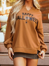 Happy Halloween Graphic Notched Long Sleeve Loose Top Terracotta OutfitFlow