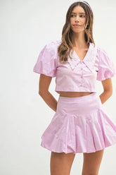 MABLE Puff Sleeve Button Down Top and Bubble Skirt Set Lavender OutfitFlow