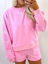 Bow Embroidered Round Neck Top and Shorts Set Pink OutfitFlow
