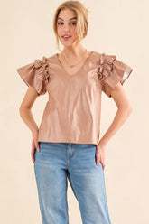 And The Why Faux Leather Ruffle Sleeves V Neck Top ROSE GOLD OutfitFlow