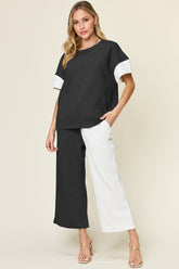 Double Take Full Size Texture Contrast T-Shirt and Wide Leg Pants Set White OutfitFlow