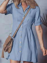 Denim Pleated Slim Waist Short Sleeve Shirt Dress Light Blue OutfitFlow