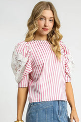 Umgee Striped Lace Puff Sleeve Blouse Pink OutfitFlow