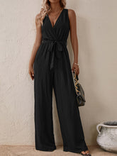 Honey Tied Surplice Sleeveless Wide Leg Jumpsuit Black OutfitFlow