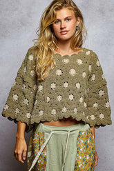 POL Contrast Crochet Cropped Knit Top OLIVE ALMOND One Size OutfitFlow