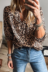 Leopard Notched Half Sleeve Blouse Leopard OutfitFlow