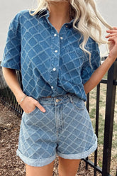 Pocketed Collared Neck Short Sleeve Denim Shirt Dusty Blue OutfitFlow