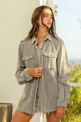BiBi Button Up Corduroy Jacket Grey OutfitFlow