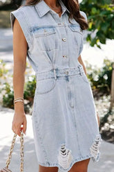 Distressed Half Button Cap Sleeve Denim Dress Light OutfitFlow