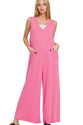 Zenana French Terry Deep V Neck Jumpsuits FUCHSIA OutfitFlow