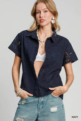 Umgee Patch Lace Short Sleeve Button Down Shirt Navy OutfitFlow