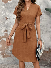 Textured Notched Tie-Waist Dress Ochre OutfitFlow