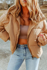 Zip Up Collared Neck Coat with Pockets Tan OutfitFlow