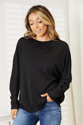 Double Take Seam Detail Round Neck Long Sleeve Top Black OutfitFlow