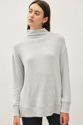 Be Cool Side Slit Mock Neck Long Sleeve Tunic Top Light Gray OutfitFlow