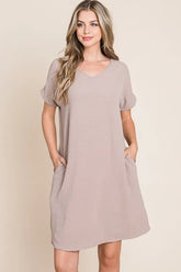 BOMBOM V-Neck Short Sleeve Dress with Pockets Dust Storm OutfitFlow