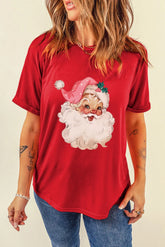 Santa Round Neck Short Sleeve T-Shirt Deep Red OutfitFlow