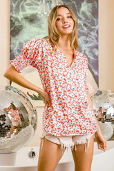 BiBi Floral Jqd Smoked Puff Sleeves V Neck Top ORANGE COMBO OutfitFlow