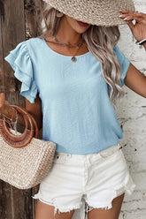 Solid Color Ruffled Short Sleeve Casual Blouse Light Blue OutfitFlow