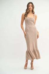MABLE Ruffled Hem Sleeveless Crochet Knit Midi Dress Mocha OutfitFlow