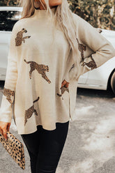 Animal Pattern Mock Neck Long Sleeve Slit Sweater Cream OutfitFlow