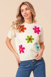 BiBi Crochet Flower Patch Sweater Top IVORY OutfitFlow
