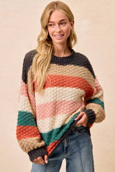 BiBi Stripes Color Block Chunky Sweater CHARCOAL TEAL COMBO OutfitFlow