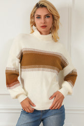 Contrast Turtleneck Long Sleeve Sweater Cream OutfitFlow