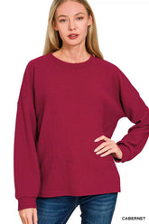 Zenana Double Knit Round Neck Long Sleeve Top CABERNET OutfitFlow