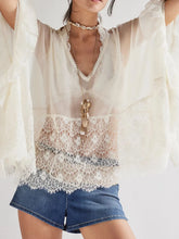 Lace V-Neck Ruffle Long Sleeve Cover-Up White OutfitFlow