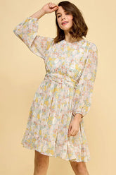 Lime 'N' Chili Chiffon Floral Print Belted Dress with Back Zipper BLUE FLORAL OutfitFlow