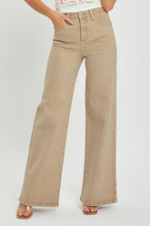 RISEN Full Size Tummy Control High Rise Wide Leg Jeans Plus Size Tan OutfitFlow